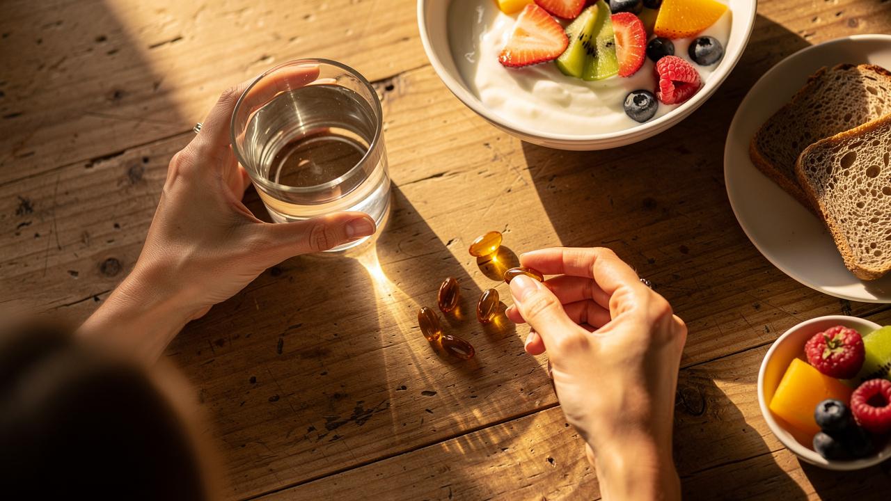 Routine matinale avec compléments nutritionnels et petit-déjeuner sain