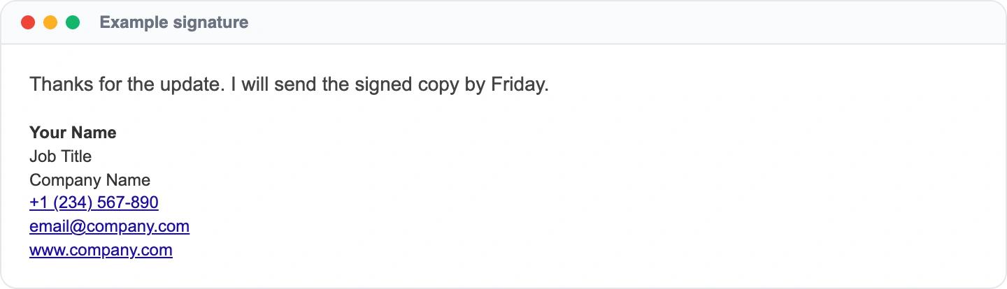 Example email signature: Your Name, Job Title, Company Name, +1 (234) 567-890, email@company.com, www.company.com